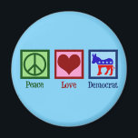 Peace Love Democrat Donkey Cute Blue Magnet<br><div class="desc">This cute democratic party magnet features a cool liberal design of a peace sign,  heart,  and red,  white,  and blue donkey. Peace Love Democrat.</div>