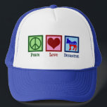 Peace Love Democrat Donkey Cute Blue Trucker Hat<br><div class="desc">This cute democratic party hat features a cool liberal design of a peace sign,  heart,  and red,  white,  and blue donkey. Peace Love Democrat.</div>