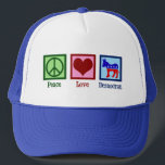 Peace Love Democrat Donkey Cute Blue Trucker Hat<br><div class="desc">This cute democratic party hat features a cool liberal design of a peace sign,  heart,  and red,  white,  and blue donkey. Peace Love Democrat.</div>