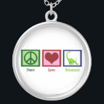 Peace Love Dinosaurs Silver Plated Necklace<br><div class="desc">A peace sign,  red heart,  and an awesome green dinosaur. I love cool dinosaur gifts for paleontologists or kids who like prehistoric animals.</div>