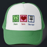 Peace Love Disc Golf Trucker Hat<br><div class="desc">A cute disc golfing Christmas gift featuring a peace sign,  heart,  and flying disc golf baskets used by a golfer. Cool disc golf course present.</div>