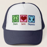 Peace Love Dispatch Operator Dispatcher Trucker Hat<br><div class="desc">Peace Love Dispatch Operator gift with a peace sign,  heart,  and a pair of headphones for a dispatcher.</div>