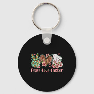 Peace Love Easter Bunny Flower Leopard Plaid  Key Ring