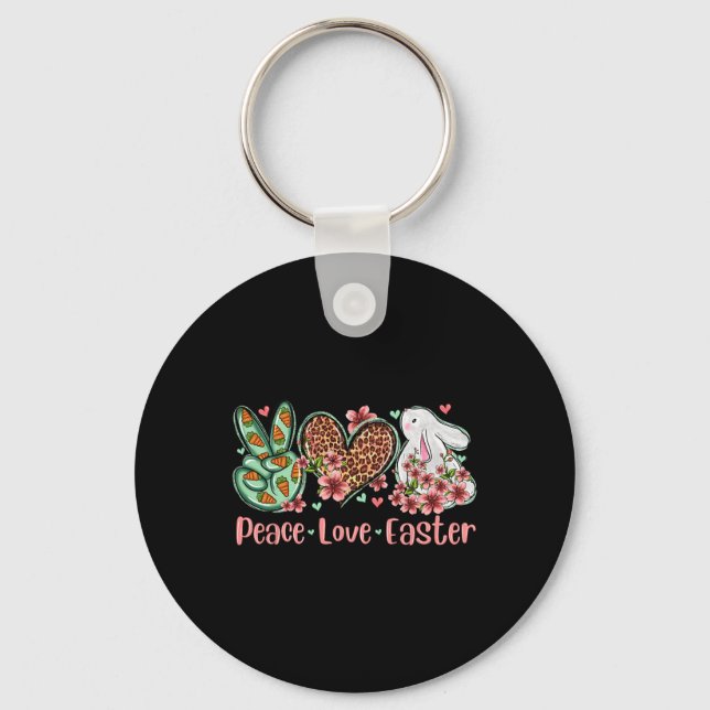 Peace Love Easter Bunny Flower Leopard Plaid  Key Ring (Front)