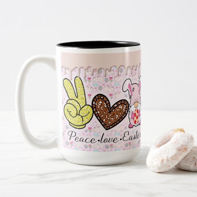 Peace Love Easter Gnome Two-Tone Coffee Mug (With Donut)