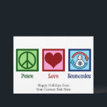 Peace Love Economics Cute Economist Christmas Holiday Card<br><div class="desc">Peace Love Economics Christmas cards. A cool economist holiday card for someone who studies microeconomics or macroeconomics as an economy major or professor. A great public finance and economic trends design featuring a peace sign,  heart,  and the cycle of money in society.</div>