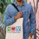 Peace Love Epidemiology Tote Bag<br><div class="desc">A cute epidemiologist Christmas gift that features a peace sign,  heart,  and a circle of people to represent the branch of medicine that studies diseases and health to determine disease factors and prevention. Peace Love Epidemiology.</div>