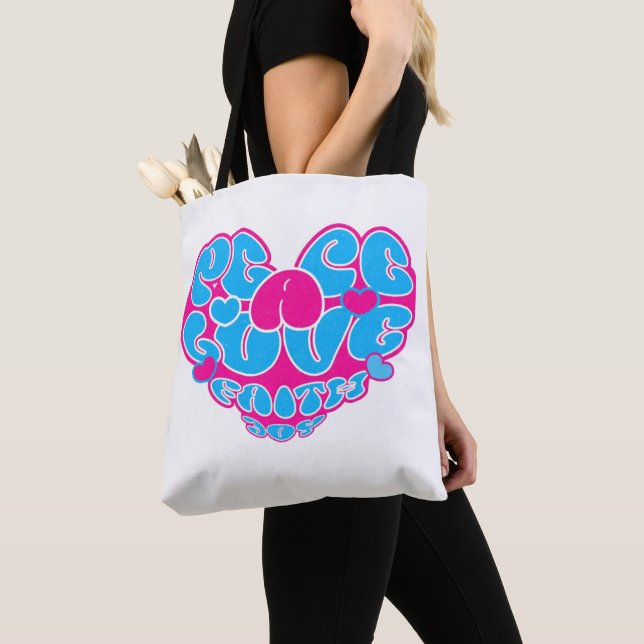 Peace Love Faith Joy Aqua Pink Heart Retro Tote (Close Up)