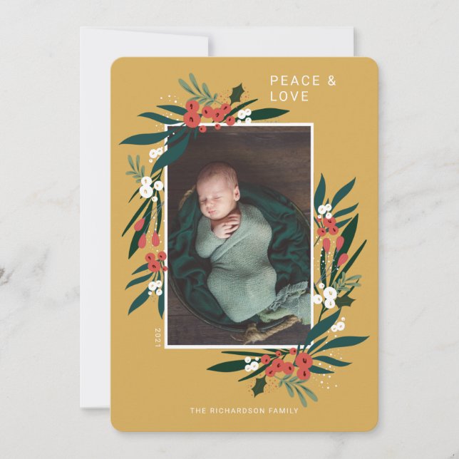 Peace & Love Festive Cranberry & Foliage Photo Holiday Card (Front)