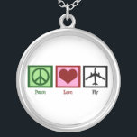 Peace Love Fly Silver Plated Necklace<br><div class="desc">A peace sign,  heart,  and an aeroplane. This is a cute gift for a pilot,  flight attendant,  or someone who likes to travel.</div>