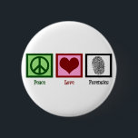 Peace Love Forensics 6 Cm Round Badge<br><div class="desc">A cool forensic science button for the bag or backpack of a scientist or crime scene expert who solves murder cases or other crimes. It features a peace sign, heart, and fingerprint. Customise this gift for a crime lab analyst or technician who reviews evidence to investigate and solve cases. Personalise...</div>
