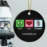 Peace Love Forensics Ceramic Tree Decoration<br><div class="desc">A cool forensic science ornament for a scientist or crime scene expert who is obsessed with true crime and solving murder cases. It features a peace sign, heart, and fingerprint. A cute gift for a crime lab analyst or technician who reviews evidence to investigate and solve cases. Addicted to murder...</div>