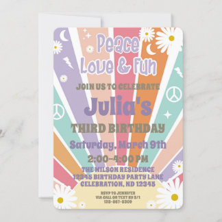 Peace Love & Fun Groovy Hippy Sun & Daisy Girl Invitation