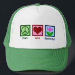 Peace Love Gardening Cute Gardener Tulip Flower Trucker Hat<br><div class="desc">A beautiful gardening gift for a gardener who loves to plant flowers in the garden on a nice,  sunny day. PEACE LOVE GARDENING features a green peace sign,  red heart and a shovel in the soil next to a pretty tulip.</div>