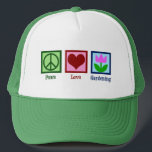Peace Love Gardening Cute Gardener Tulip Flower Trucker Hat<br><div class="desc">A beautiful gardening gift for a gardener who loves to plant flowers in the garden on a nice,  sunny day. PEACE LOVE GARDENING features a green peace sign,  red heart and a shovel in the soil next to a pretty tulip.</div>