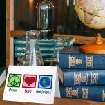 Peace Love Geography Teacher World Map Card<br><div class="desc">A cool geography teacher holiday card featuring a cute peace sign,  heart,  and globe of the Earth.</div>