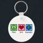 Peace Love Geography Teacher World Map Key Ring<br><div class="desc">A cool geography teacher Christmas gift featuring a cute peace sign,  heart,  and globe of the Earth.</div>