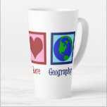 Peace Love Geography Teacher World Map Latte Mug<br><div class="desc">A cool geography teacher Christmas gift featuring a cute peace sign,  heart,  and globe of the Earth.</div>