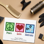 Peace Love Haircuts Custom Hair Salon Christmas Holiday Card<br><div class="desc">Peace Love Haircuts Christmas card for your favourite hair stylist who cuts hair at a beauty salon after graduation from cosmetology school. These cool hairdresser holiday cards feature a peace sign,  heart,  and pair of scissors.</div>