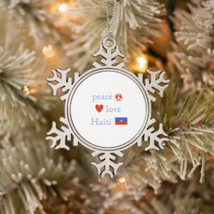Peace Love Haiti Flag and Heart Snowflake Pewter Christmas Ornament