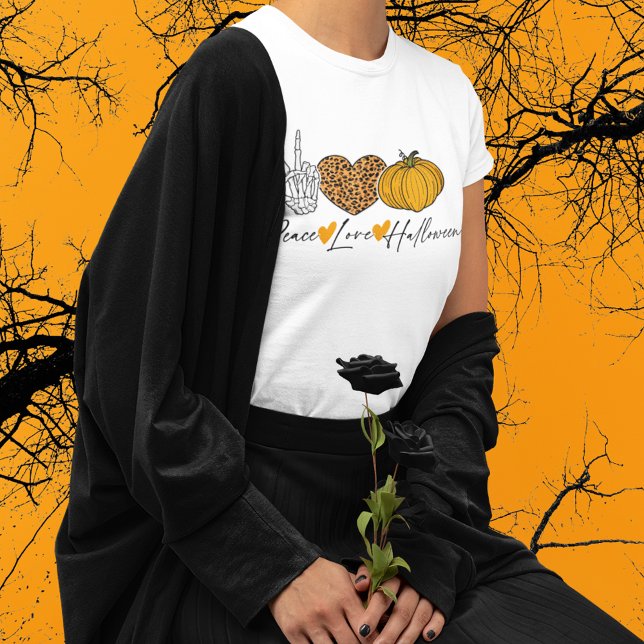 Peace Love Halloween T-Shirt (Love Halloween? Spread the love with this cute Peace, Love, Halloween tee.)