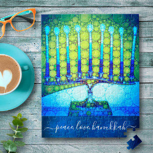 “Peace Love Hanukkah” Artsy Blue & Green Menorah Jigsaw Puzzle