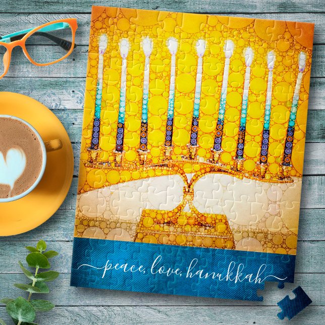 “Peace Love Hanukkah” Artsy Yellow & Gold Menorah Jigsaw Puzzle (Creator Uploaded)