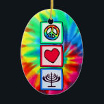 Peace, Love, Hanukkah Ceramic Tree Decoration<br><div class="desc">You will love this groovy tie dye peace, love, Jewish Hanukkah Menorah design. Great for gifts! Available on tee shirts, smart phone cases, mousepads, keychains, posters, cards, electronic covers, computer laptop / notebook sleeves, caps, mugs, and more! Visit our site for a custom gift case for Samsung Galaxy S3, iphone...</div>