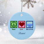 Peace Love Hanukkah Cute Blue Personalised Ceramic Tree Decoration<br><div class="desc">Peace Love Hanukkah ornament for a Jewish person who likes to celebrate Chanukah or Christmakkuh. A pretty peace sign,  heart,  and a beautiful menorah on a pretty blue monogram gift.</div>
