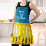 Peace Love Hanukkah Script Yellow Menorah Custom<br><div class="desc">“Peace, love, Hanukkah.” Here’s a wonderful way add to the fun of your holiday baking. Add extra sparkle to your holiday culinary adventures whenever you wear this stunning, colourful, Hanukkah apron. A close-up photo of a bright, colourful, yellow gold artsy menorah photo, along with calligraphy script overlaying a textured turquoise,...</div>
