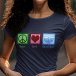 Peace Love Hanukkah Women's<br><div class="desc">Cool Peace Love Hanukkah tee for a Jewish person who likes to celebrate Chanukah. A pretty peace sign, cute heart, and a beautiful menorah.</div>