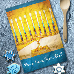 “Peace, Love, Hanukkah” Yellow Gold Menorah Photo Tea Towel