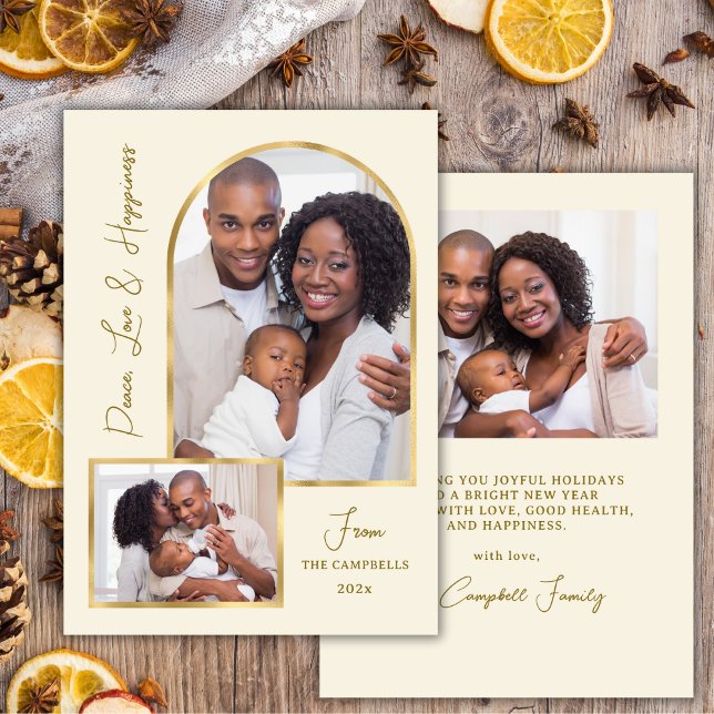 Peace Love Hapiness Script Gold Arch 3 Photo  Holiday Card (Creator Uploaded)