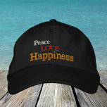 Peace, Love, Happiness embroidered baseball cap<br><div class="desc">Embroidered Hats: Classic slogans fashion baseball cap with text "Peace,  Love,  Happiness"</div>