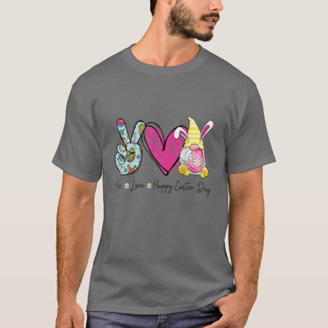 Peace Love Happy Easter Gnomes Hug Eggs Hunting Fu T-Shirt (Front)