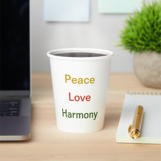Peace Love Harmony red green gold Paper cup