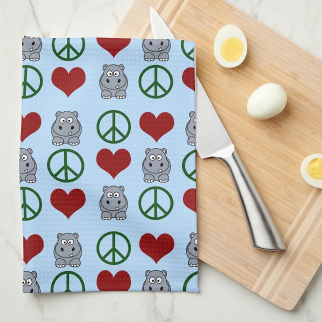 Peace Love Hippos Cute Hippo Pattern Tea Towel (Quarter Fold)