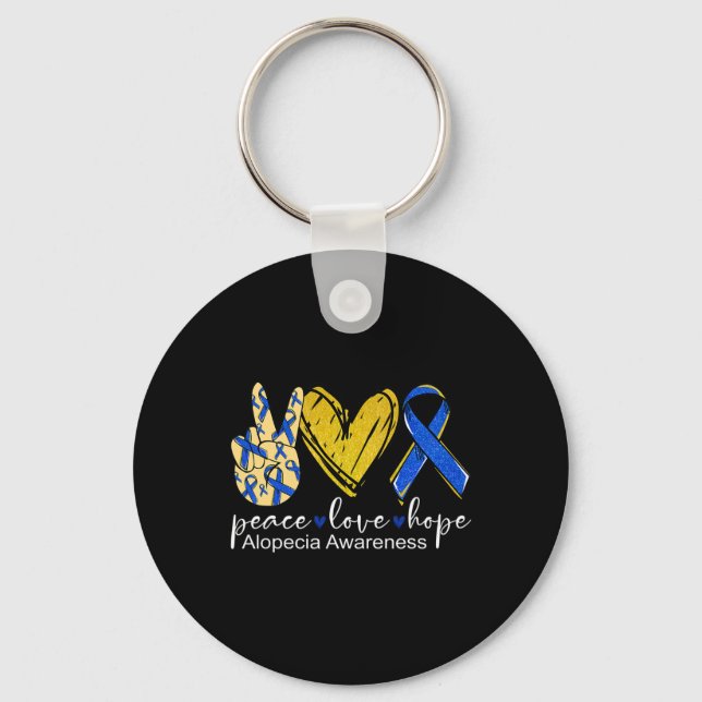 Peace Love Hope Alopecia Awareness  Blue Ribbon  Key Ring (Front)