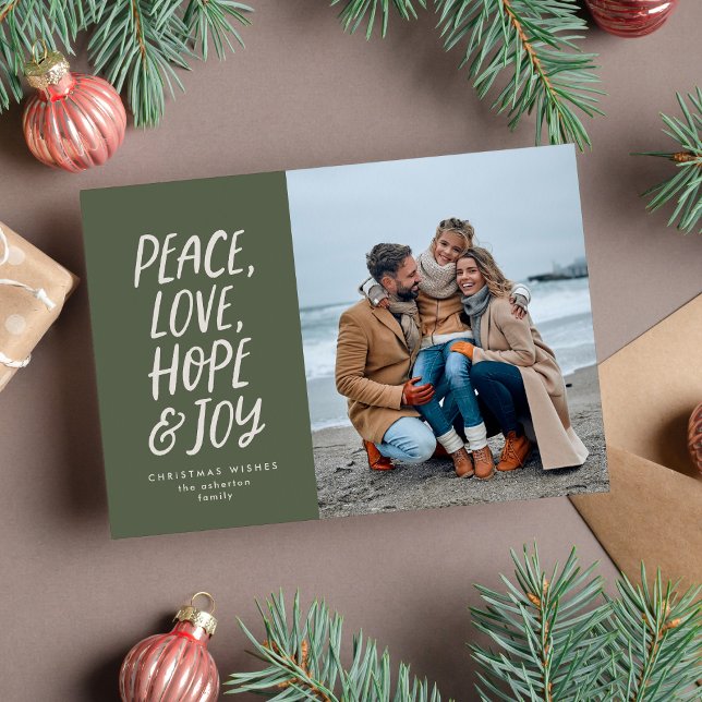 Peace love hope joy green Christmas photo Holiday Card (Creator Uploaded)