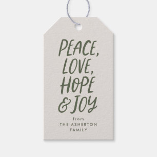 Peace love hope joy green Christmas type Gift Tags