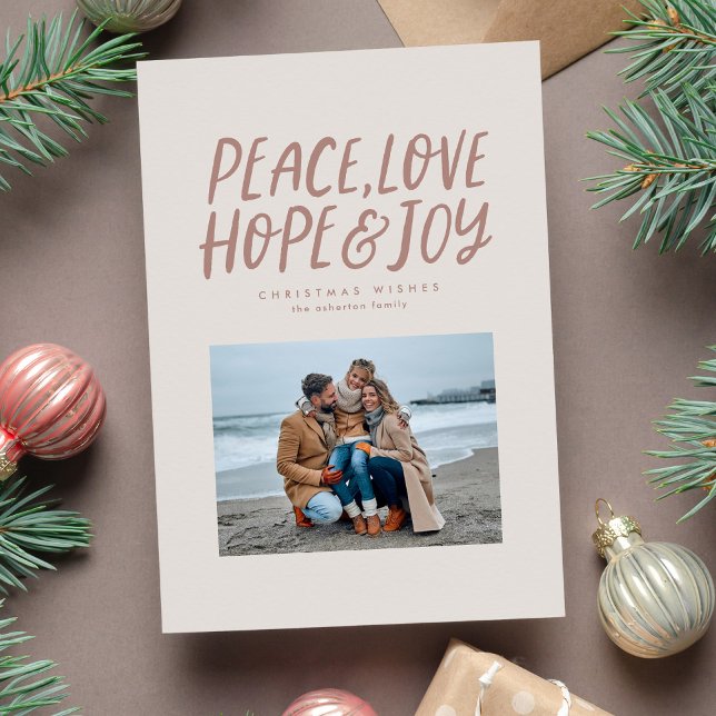 Peace love hope joy simple neutral Christmas photo Holiday Card (Creator Uploaded)