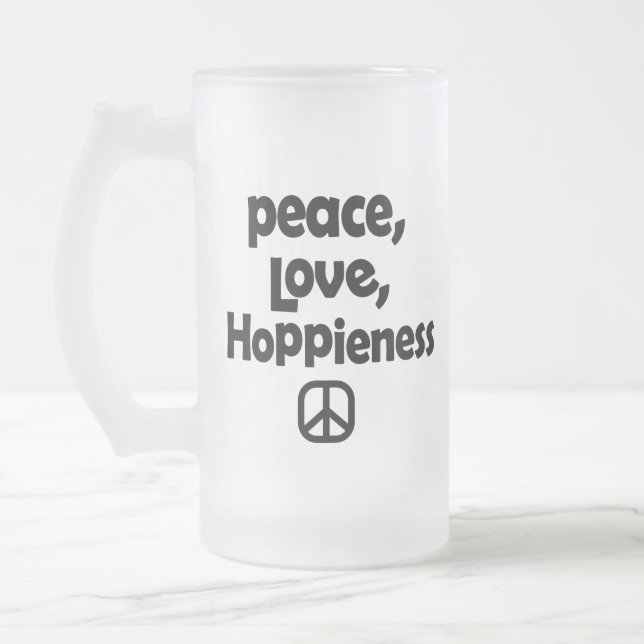 Peace Love Hoppieness Frosted Glass Beer Mug (Left)