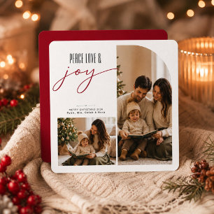 Peace Love Joy 2 Photo Collage Modern Christmas Holiday Card