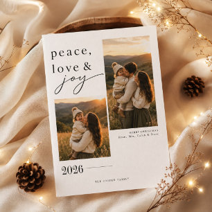 Peace Love Joy 2 Photo Collage Modern Christmas Holiday Card