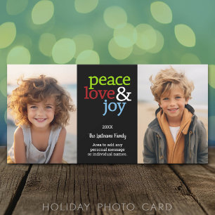 Peace Love Joy - 2 Photo - red green blue Holiday Card