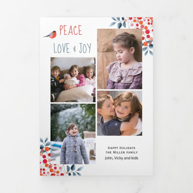Peace love joy and berries Christmas holiday photo Tri-Fold Holiday Card (Cover)