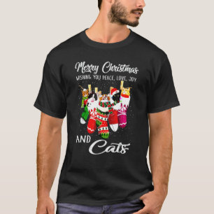 Peace Love Joy And Cat In Sock Christmas T-Shirt