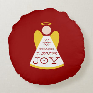 Peace Love Joy Angel Holiday Red And Gold Round Cushion