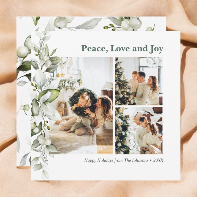 Peace Love Joy Berry Leaves Photo Holiday Card (Creator Uploaded)