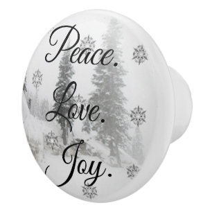 Peace Love Joy   Black & White Snowfall Christmas Ceramic Knob